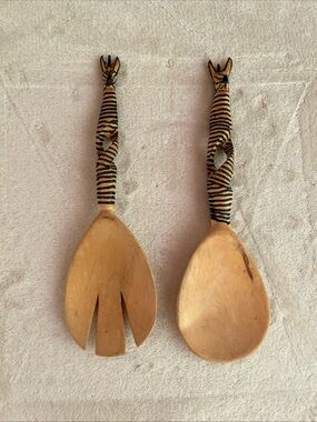 Handcarved Giraffe-Handle Wooden Salad Servers or Hanging Art African style 10in